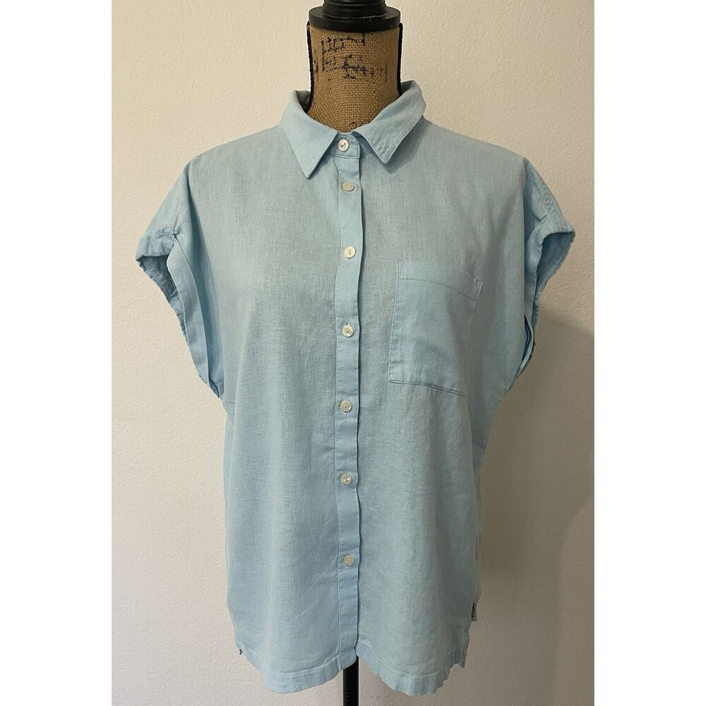 Orvis Shirt Womens Med Blue Button Up Linen Rayon Blend Cap Sleeve Lightweight